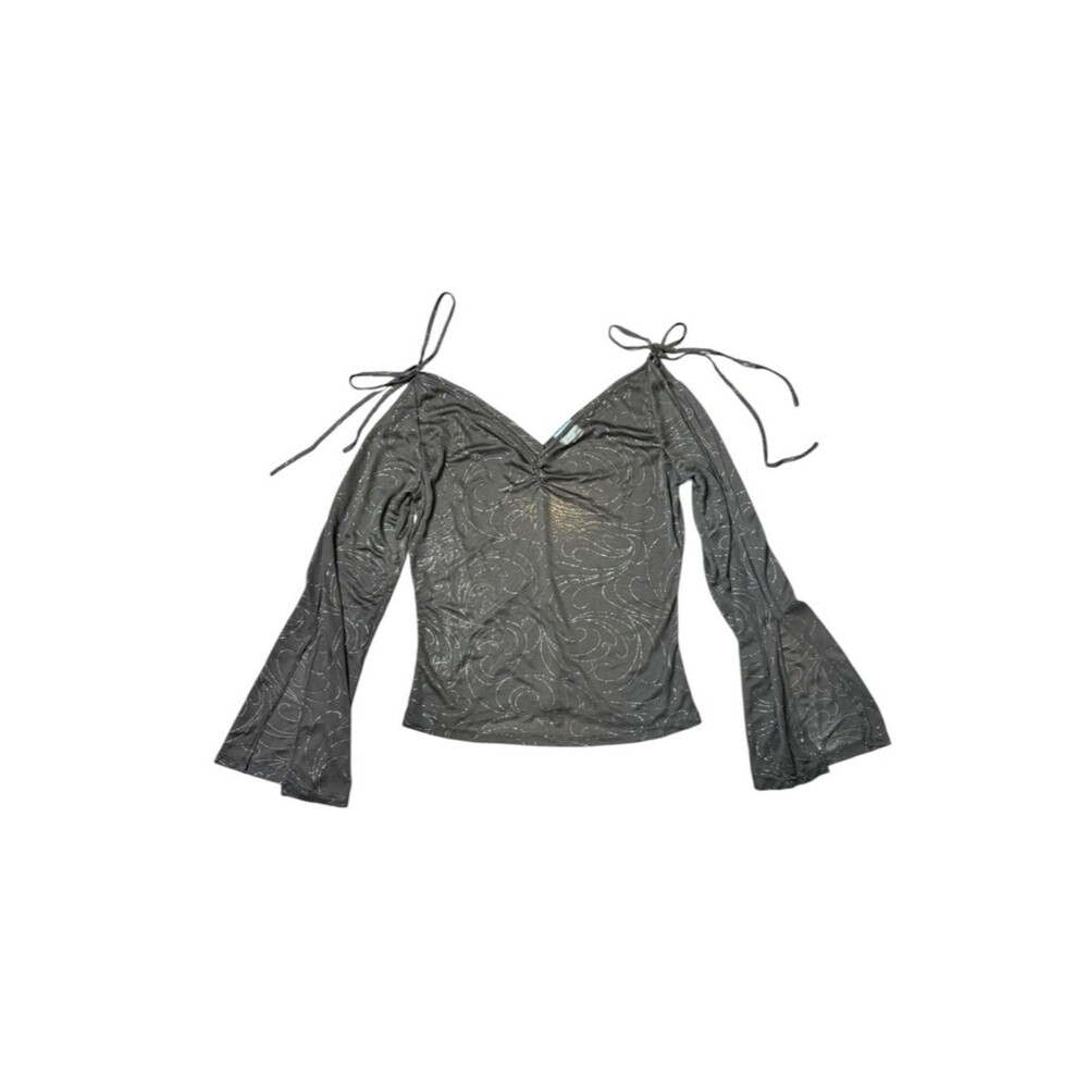 Y2K Agaci Black Sparkle Sheer Off-Shoulder Flare Sleeve Top Size Medium
